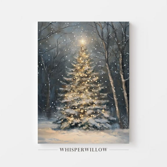 Velto Canvas Wall Art - Magical Holiday Tree In Forest, Enchanting Winter Snowy Scene, Festive Holiday Lights, Rustic Lodge Holiday Decor Canvas, 8x10 UNFRAMED