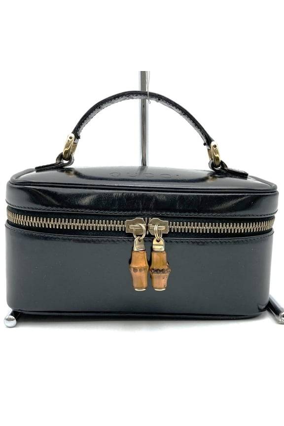 Pre-Owned GUCCI Bamboo Pouch Makeup Box Vanity Bag Patent Leather Black Women's