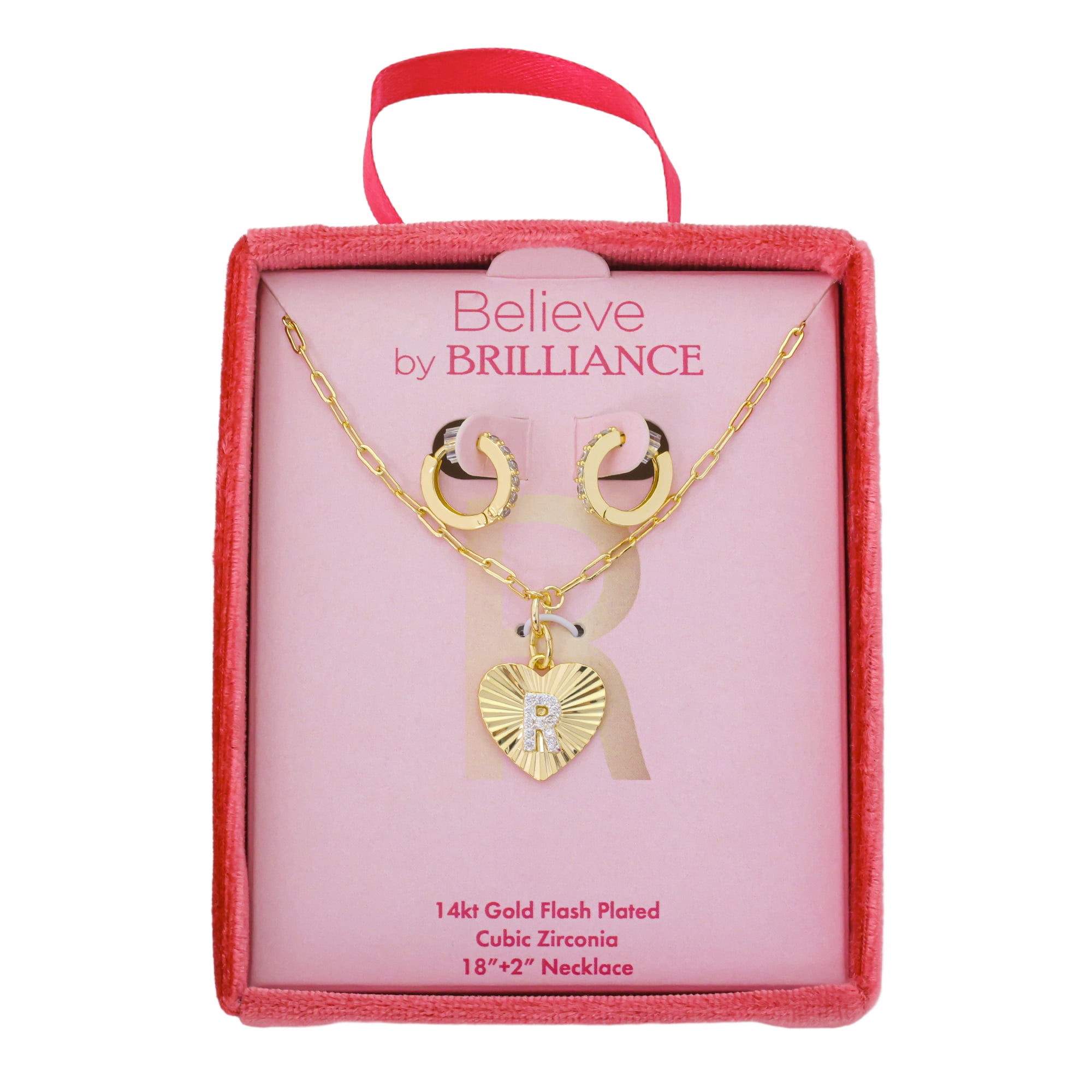 Believe by Brilliance Women's 14Kt Gold Flash Plated Cubic Zirconia Initial R Heart Pendant Necklace and Hoop Earring Set, 18+2"