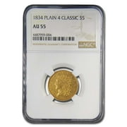 1834 $5 Gold Classic Head Half Eagle AU-55 NGC (Plain 4, Block 8)