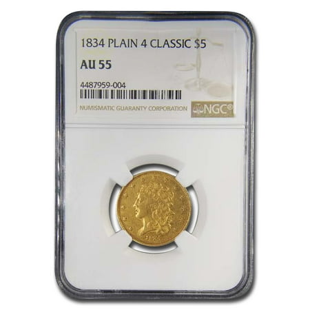 1834 $5 Gold Classic Head Half Eagle AU-55 NGC (Plain 4, Block 8)