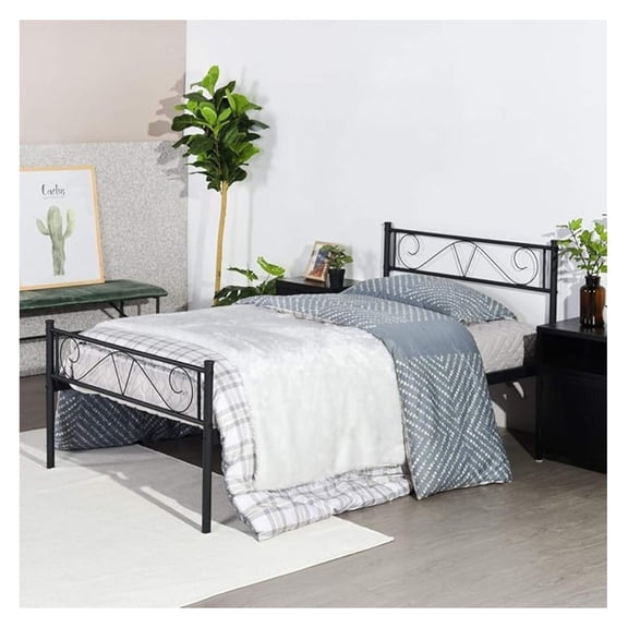 Single Bed Twin Size Bed Frame Metal Platform Headboard Steel Foundation