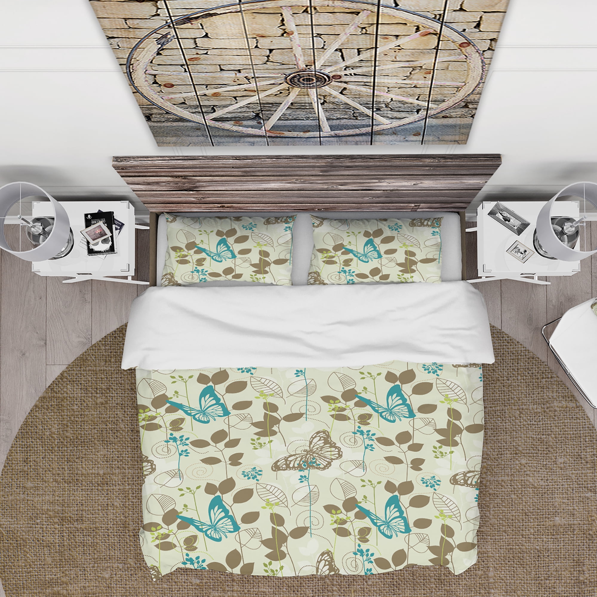 Designart 'Vintage Blue Butterfly on Brown Leaves Background' Abstract Duvet Cover Set