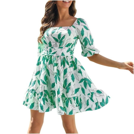 

COBKK Summer Skirts For Women s Summer Fashion Square Collar Printing Half Sleeve Ruffles Lacing Slim Dress Short Skirt Elegant Skirts For Women Green L