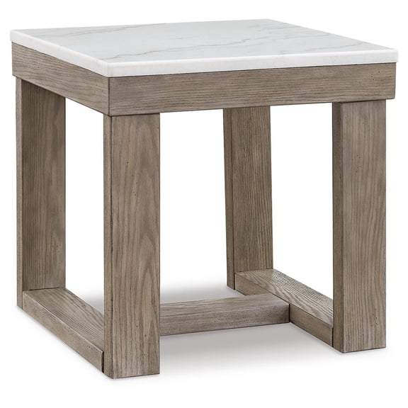 Signature Design by Ashley Loyaska Casual End Table with White Marble Top, Light Brown & White Marble