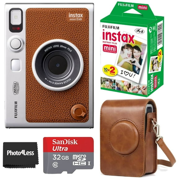 Fujifilm Instax Mini EVO Hybrid Brown Instant Camera | Fuji Instax Mini Twin Pack Instant Film | 32GB microSD | Camera Case - Bundle