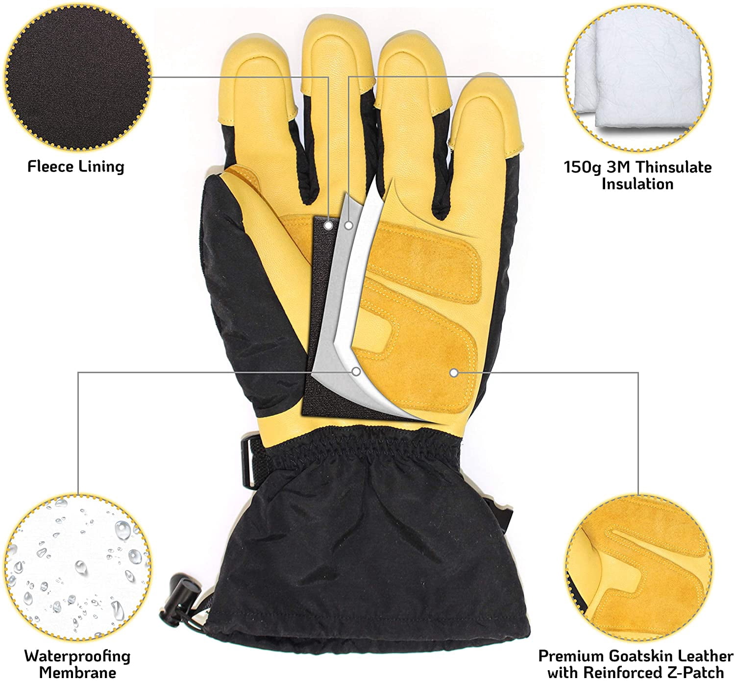 GnarPack 420 WINTER SKI/SNOWMOBILE/SNOWBOARD GLOVES for Men - Waterproof, Thinsulate Thermal Insulation, Goatskin Leather Palm and Fingers with Double Reinforced Z patch -XL