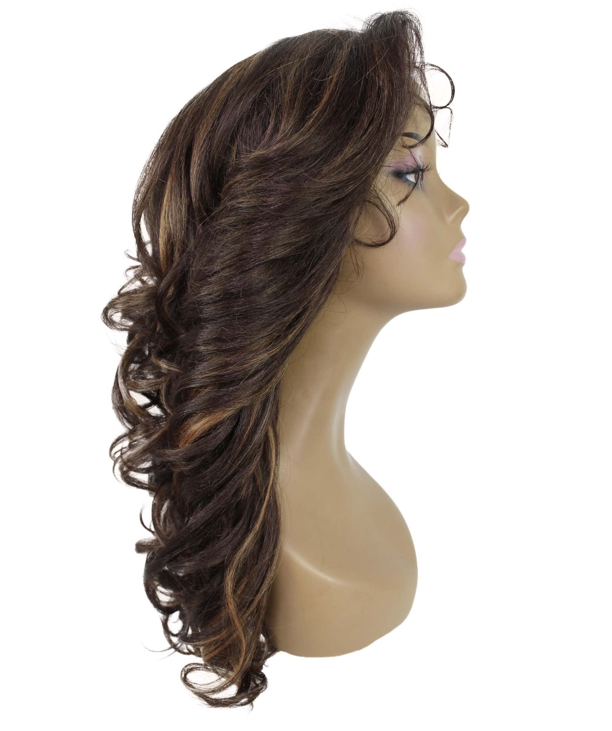 LUXLUXE Nia Wavy Glamour 20 in Long T Part Lace Front Wig, Heat Resistant Fibers, Dip Dyed, & Blended Brown with Golden Highlights Colors
