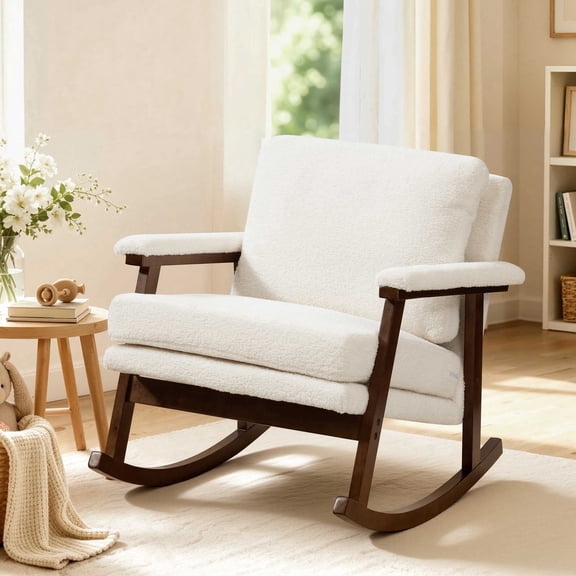 Rocking Chair, PAPROOS Teddy Upholstered Rocker Chair, Glider Rocker Accent Chair with Cushion, Rocking Chair for Nursery, Armchair Reading Chair for Living Room Bedroom, White
