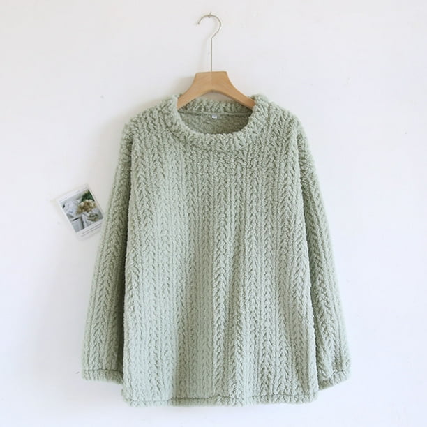 Pijama de manga larga para mujer, de invierno, de color liso, de franela gruesa con forro polar añadido, de manga larga, cálido, para el hogar, de poliéster.