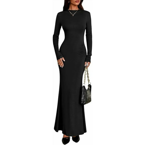 PRETTYGARDEN Fall Dresses for Women Long Sleeve Bodycon Mock Neck Ruched Maxi Formal Cocktail Wedding Guest Dress
