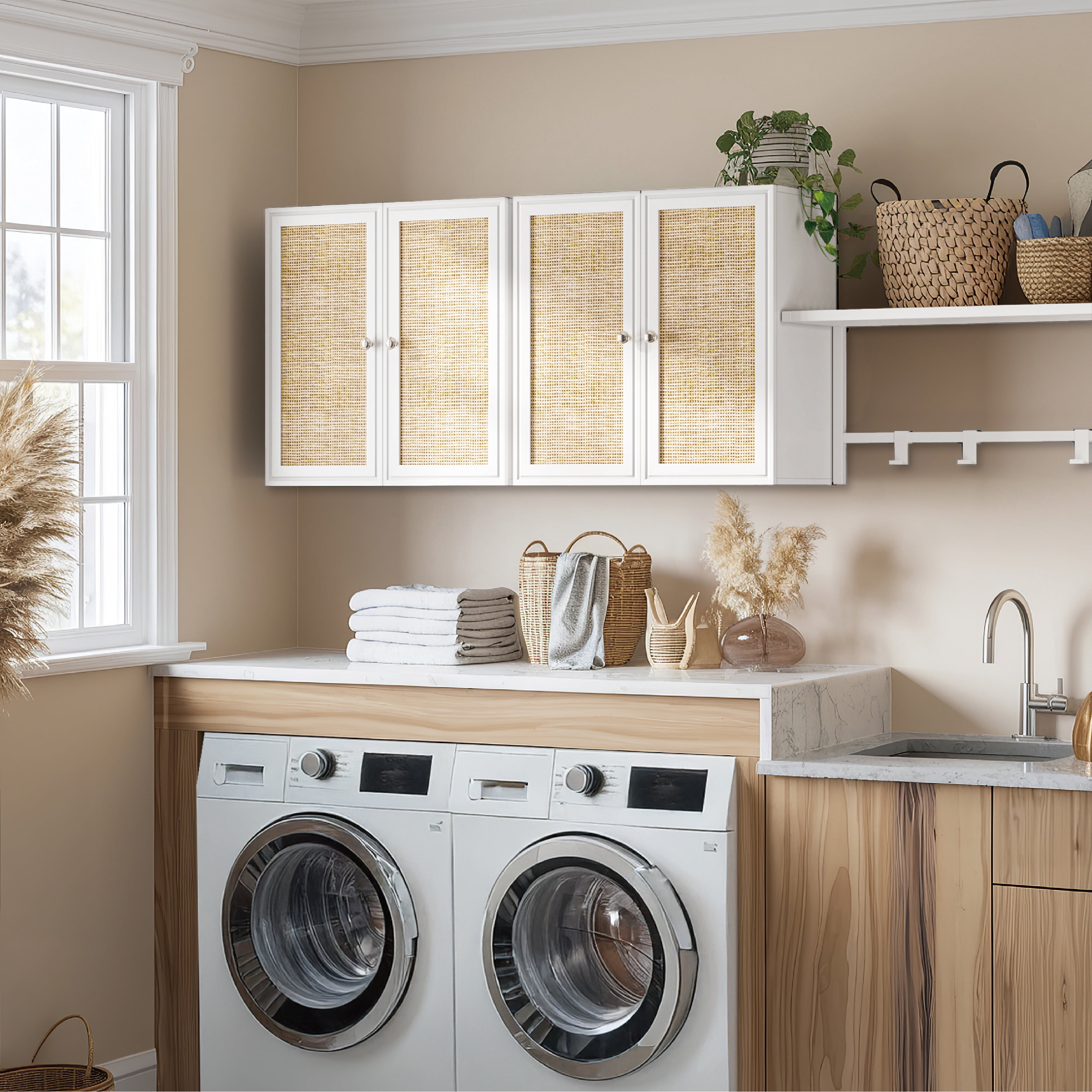 24"W Rattan Laundry Room Cabinets with Lights, Bathroom Cabinets Wall Mounted with Adjustable Shelves, Wall Cabinet for Bedroom/Kitchen/Bathroom (2PCS, White)