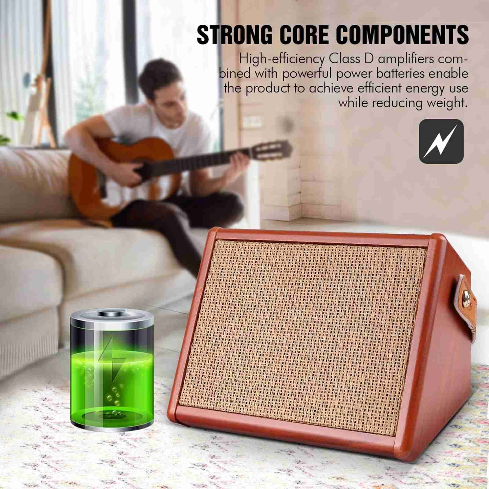Elowen guitar acoustic Guitar ammoon AC-15 15W Portable Acoustic Guitar Amplifier Amp BT Speaker with Microphone Input Supports Volume Bass Treble Control Reverb Effect Built-in Rechargeable Battery
