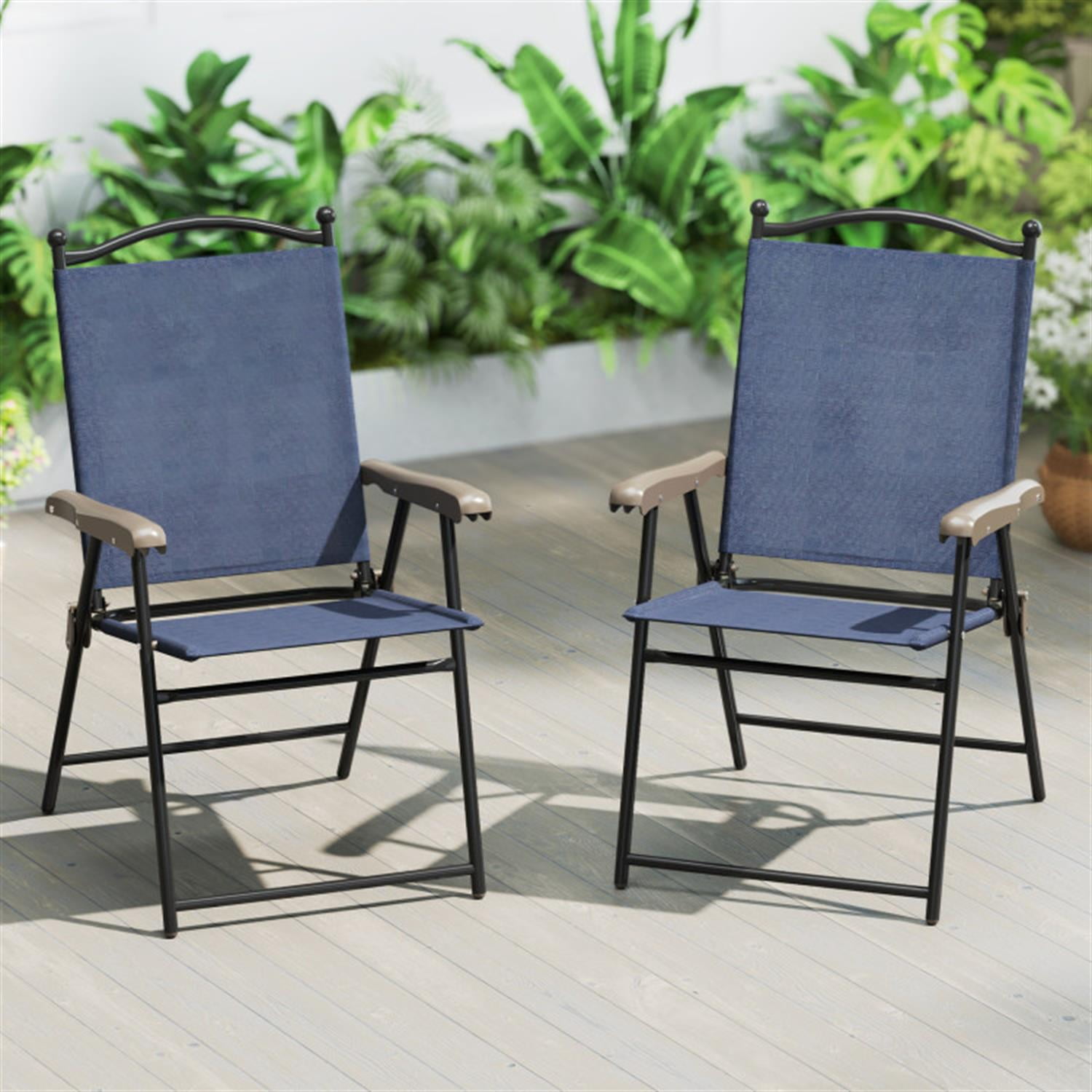 Demi Bonn Set of 2 Patio Folding Sling Back Camping Deck Chairs, Outdoor Accent Furniture Lounge Chairs for Yard, Garden, Blue