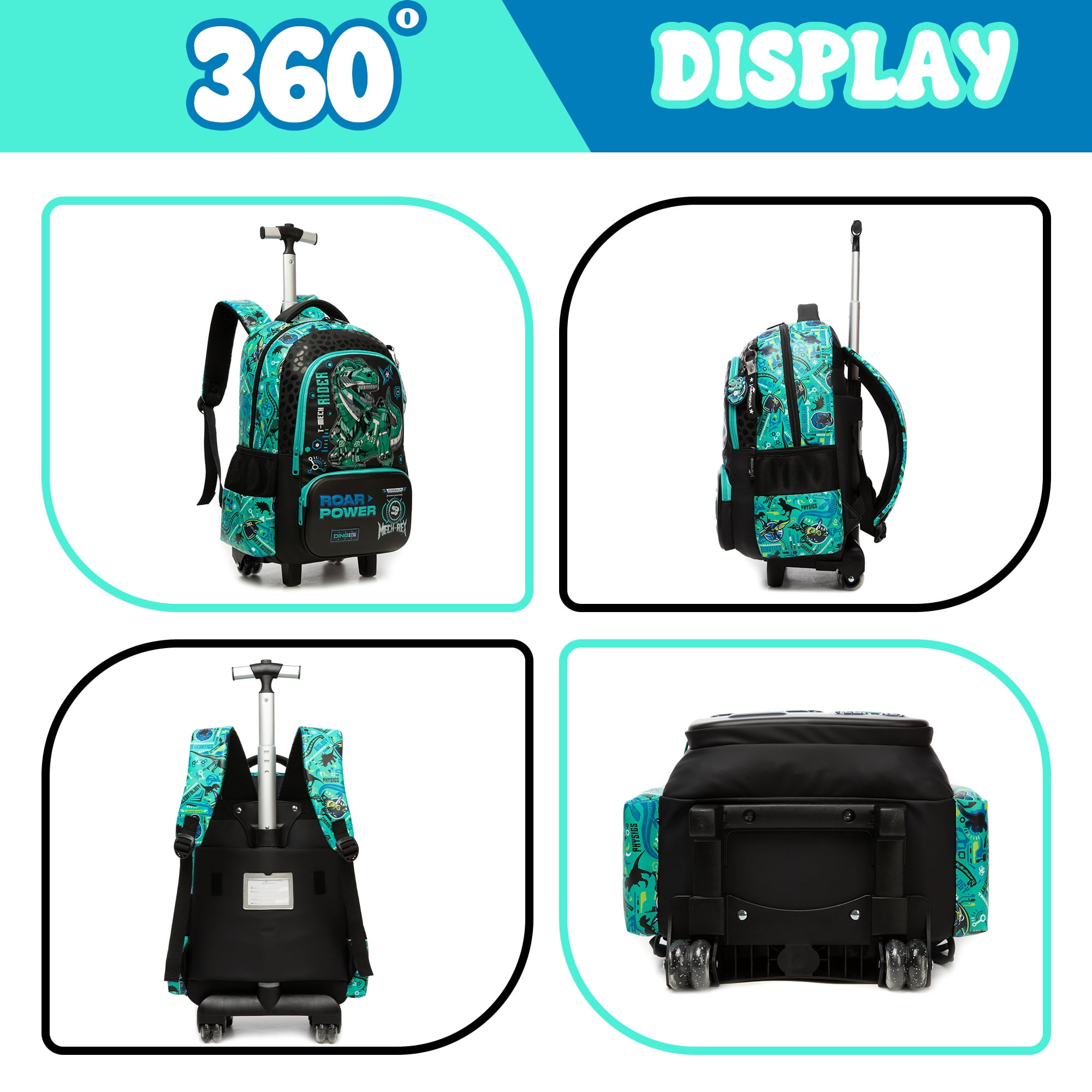 Dinosaur Rolling Kids Backpack for Boys Roller Backpacks 3-Piece School Bags with Lunch Box Pen Bag for Elementary Students Bookbag Ages 6-12
