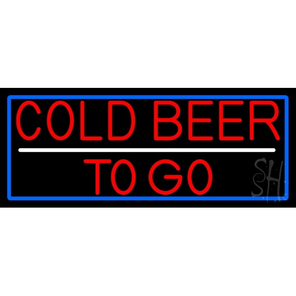 Red Cold Beer To Go With Blue Border LED Neon Sign 10 x 24 - inches, Clear Edge Cut Acrylic Backing, with Dimmer - Bright and Premium built indoor LED Neon Sign for Bar decor.