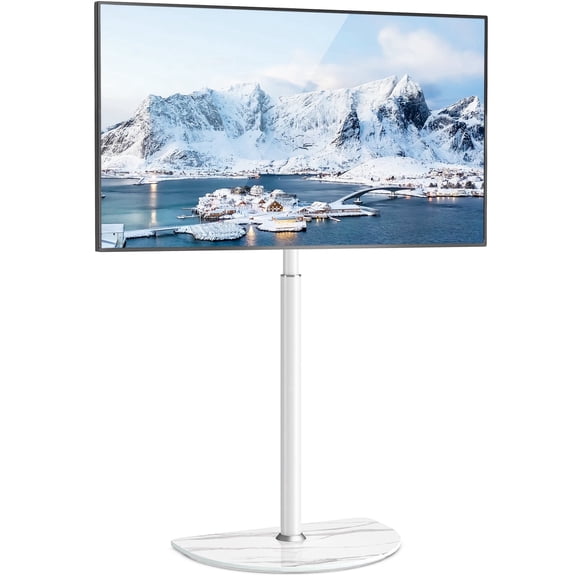 RTVR Floor TV Mount Stand for 32-65 inch Flat Screens, Swivel Adjustable Corner TV Stand with Semi-Circular Marble Pattern Base, White
