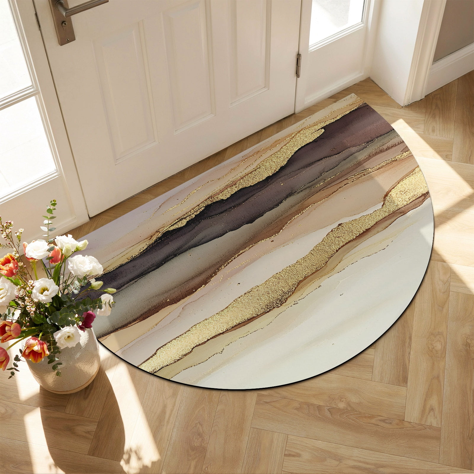 Indoor Doormat Front Door Mat 20 x31.5 Marble Brown Gold Absorbent & Non-Slip Half Circle Doormat Indoor Entrance Low-Profile Welcome Mat for Entryway Patio Abstract Watercolor Geometric Rock