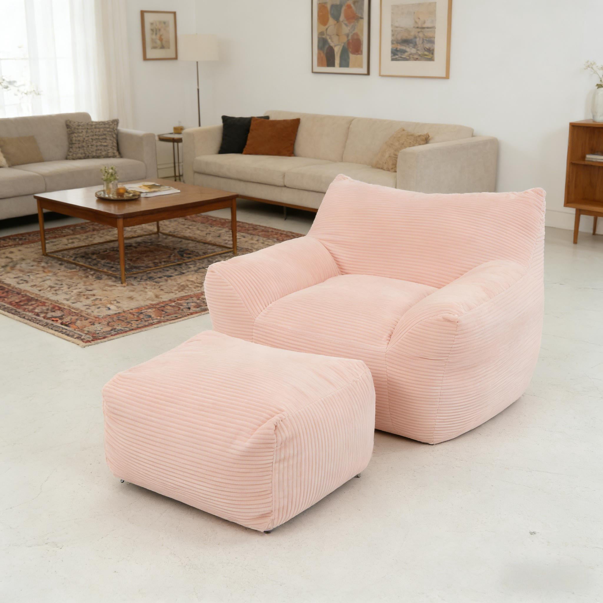 FHFO Giant Bean Bag Chair with Ottoman,Oversized Boneless Couch Chair in a Box, Comfy and Lazy Lounge for Dorm, Living Room, Bedroom, (42”x43”x31”)Pink