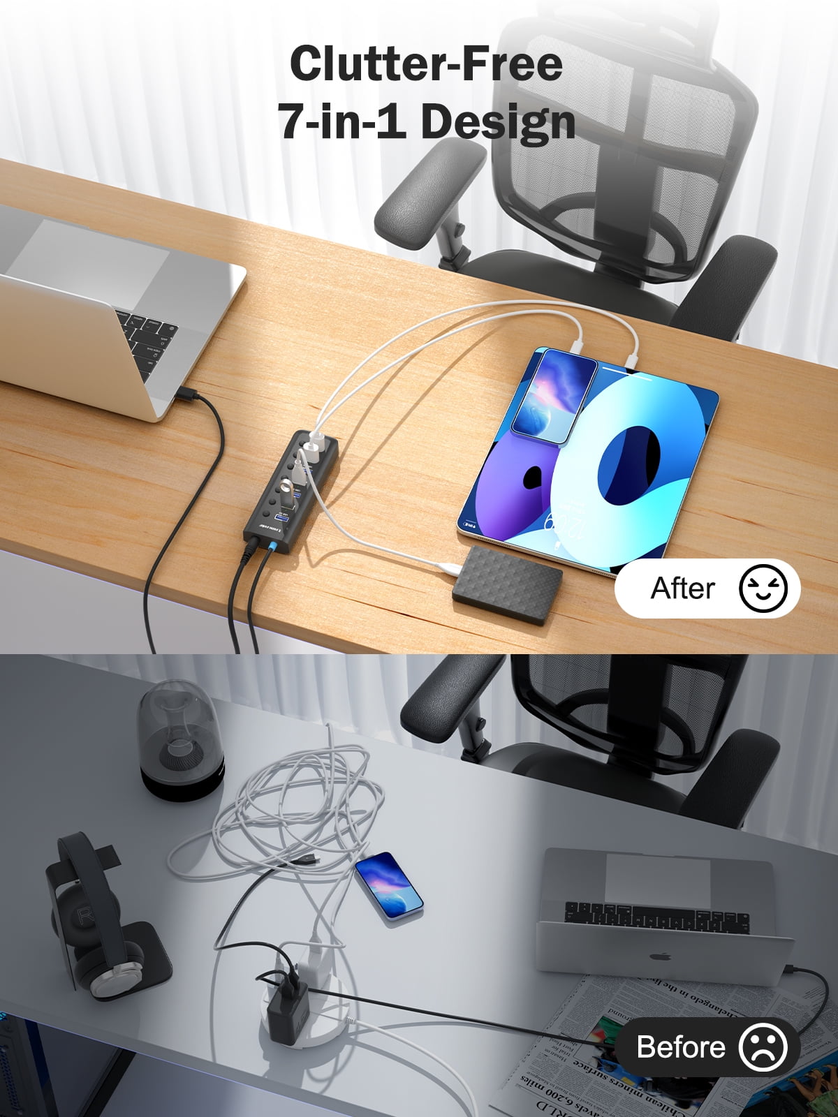 USB C Hub, 7 USB A 3.0 5Gbps Transmission + Charging, Independent Switch Control, Widely Compatible with Computers/Mobile Phones/Tablets