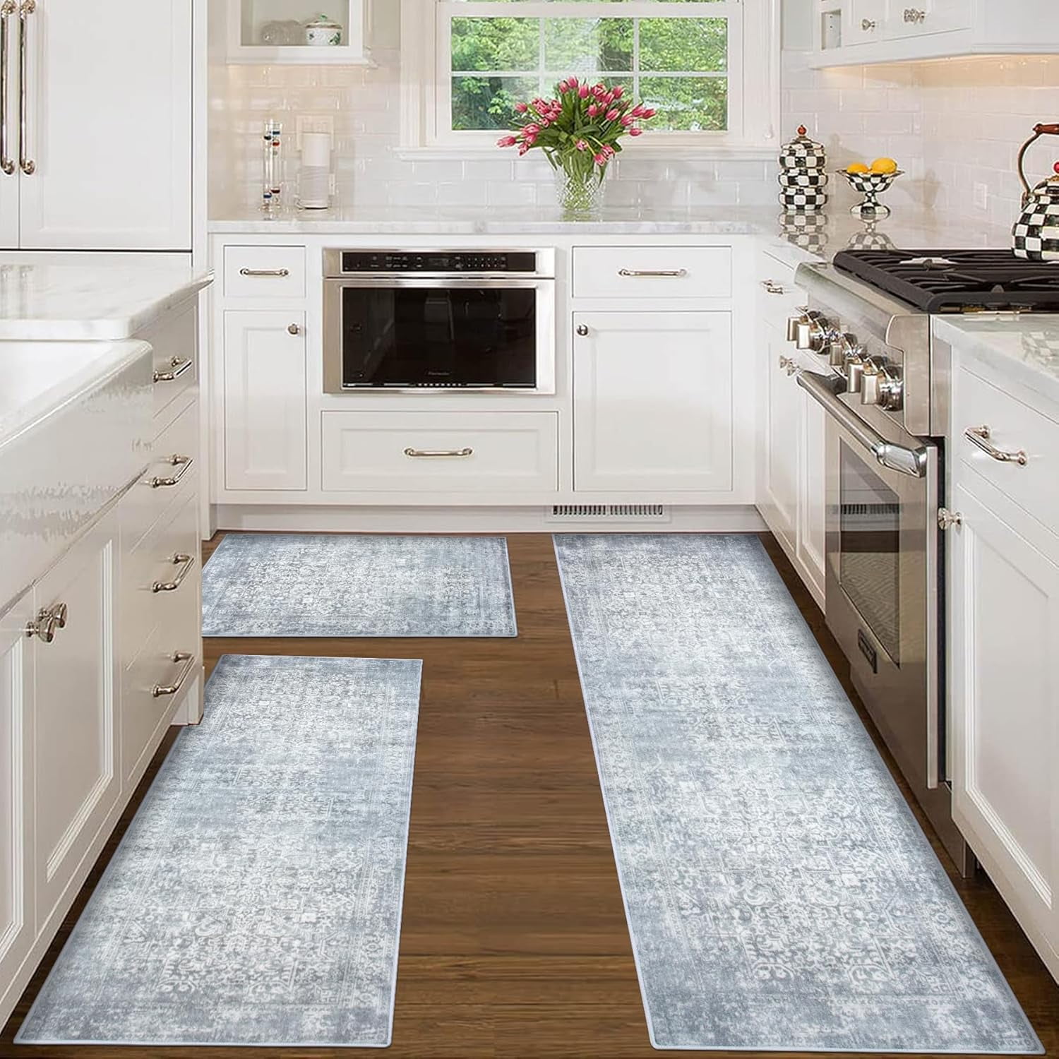 Kitchen Rugs Sets of 3 Non Slip Washable Kitchen Mats for Floor 3 Piece Set Grey Boho Kitchen Mat Set Kitchen Runner Rug Carpet for Laundry Room Front Door