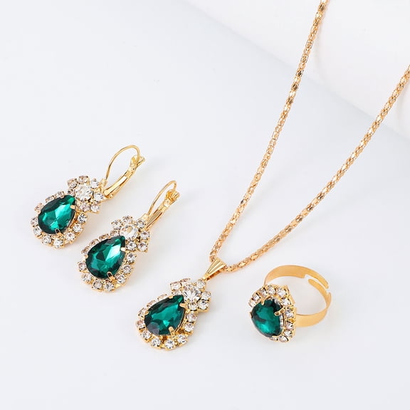 Water Drop Crystal Jewelry Set Green Alloy Necklace Earrings Ring Set for Women 3-Piece Pendant Necklace and Earrings Jewelry Set Valentine's Day Gift Holiday Party Jewelry Friendship Gift