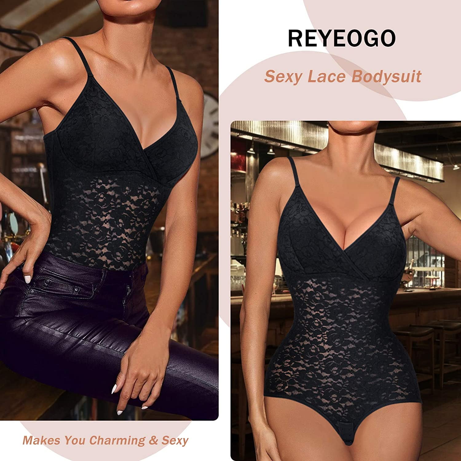 REYEOGO Shapewear Tummy Control Bodysuit Cute Lace Cami V-Neck