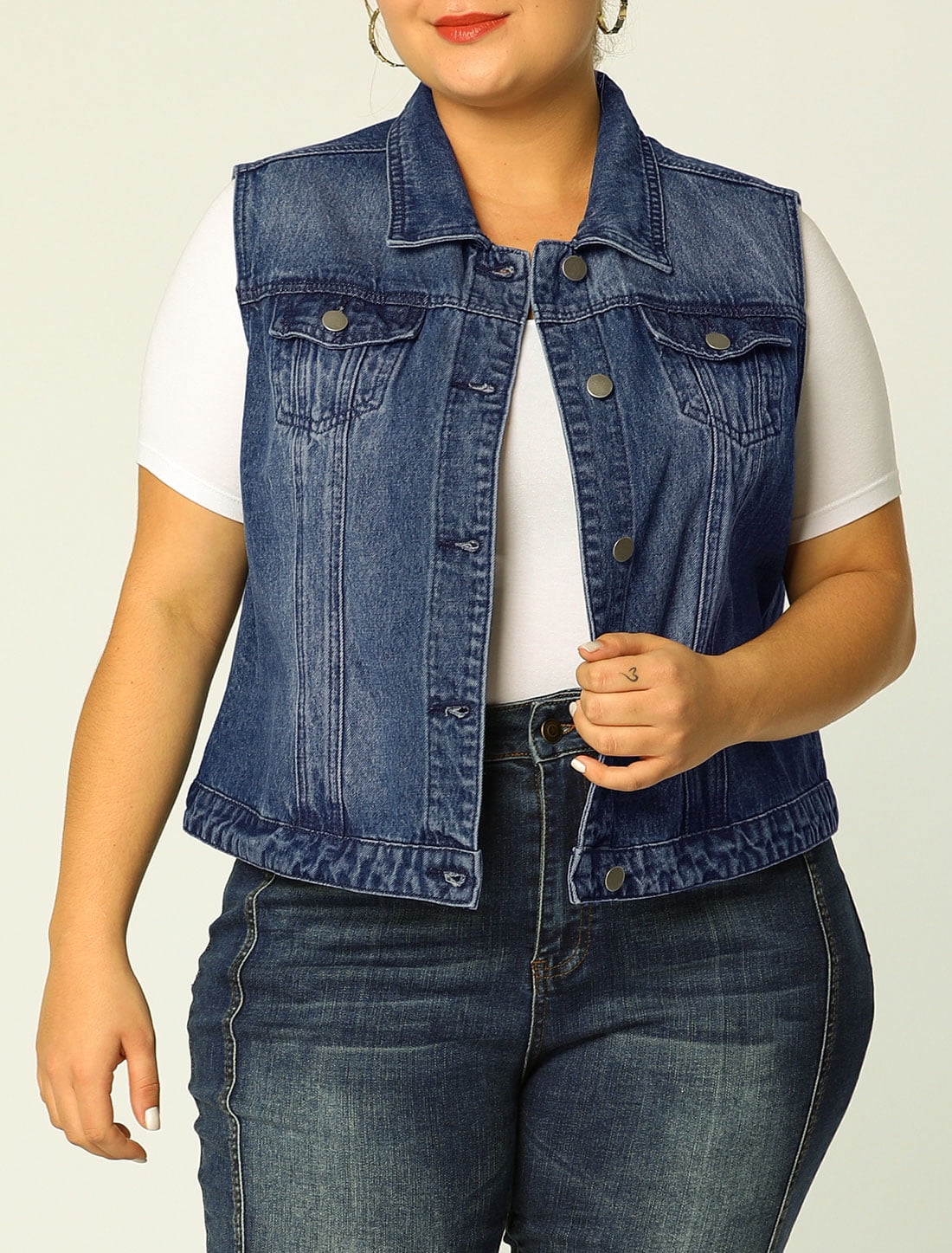 Unique Bargains Juniors' Plus Size Chest Pockets Single Breasted Denim Vest