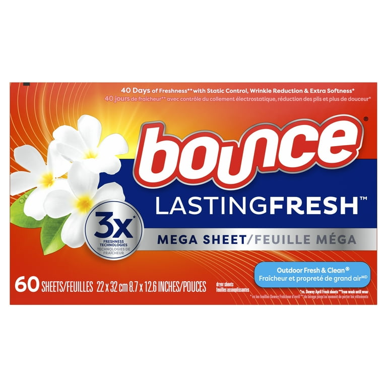 Bounce Mega Dryer Sheets, 60 Ct, Long Lasting Freshness, Outdoor