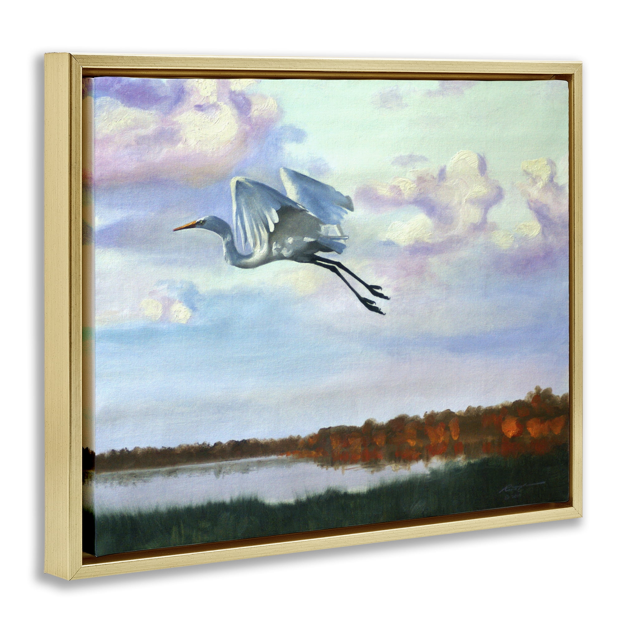 Stupell Industries Egret Over Lake Shore Landscape Painting Gold Floater Framed Canvas Art Print Wall Art, 21 x 17