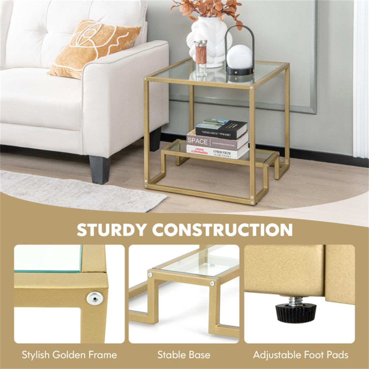 Demi Bonn 3-Piece Coffee Table Set, Modern 2-Tier Rectangular Coffee Table with Glass Table Top & Set of 2 Square Sofa Side Table with Tempered Glass Tabletop, for Living Room, Gold