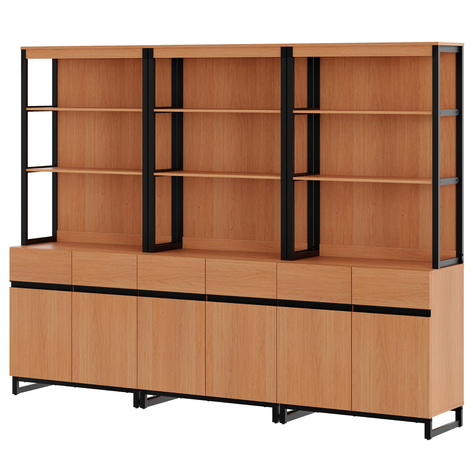 WAMPAT 3-Piece Modern 72" Tall Library Bookcases with Metal Base & Adjustable Shelves, Wood Bookshelves with Storage Cabinet & Open Shelves for Home Office & Living Room, Mocha