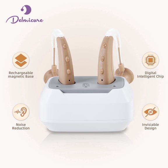 Delmicure Rechargeable Hearing Aids for Seniors, 4-Mode, Digital, Magnetic Charging, VHP-1021, Button Control, Beige