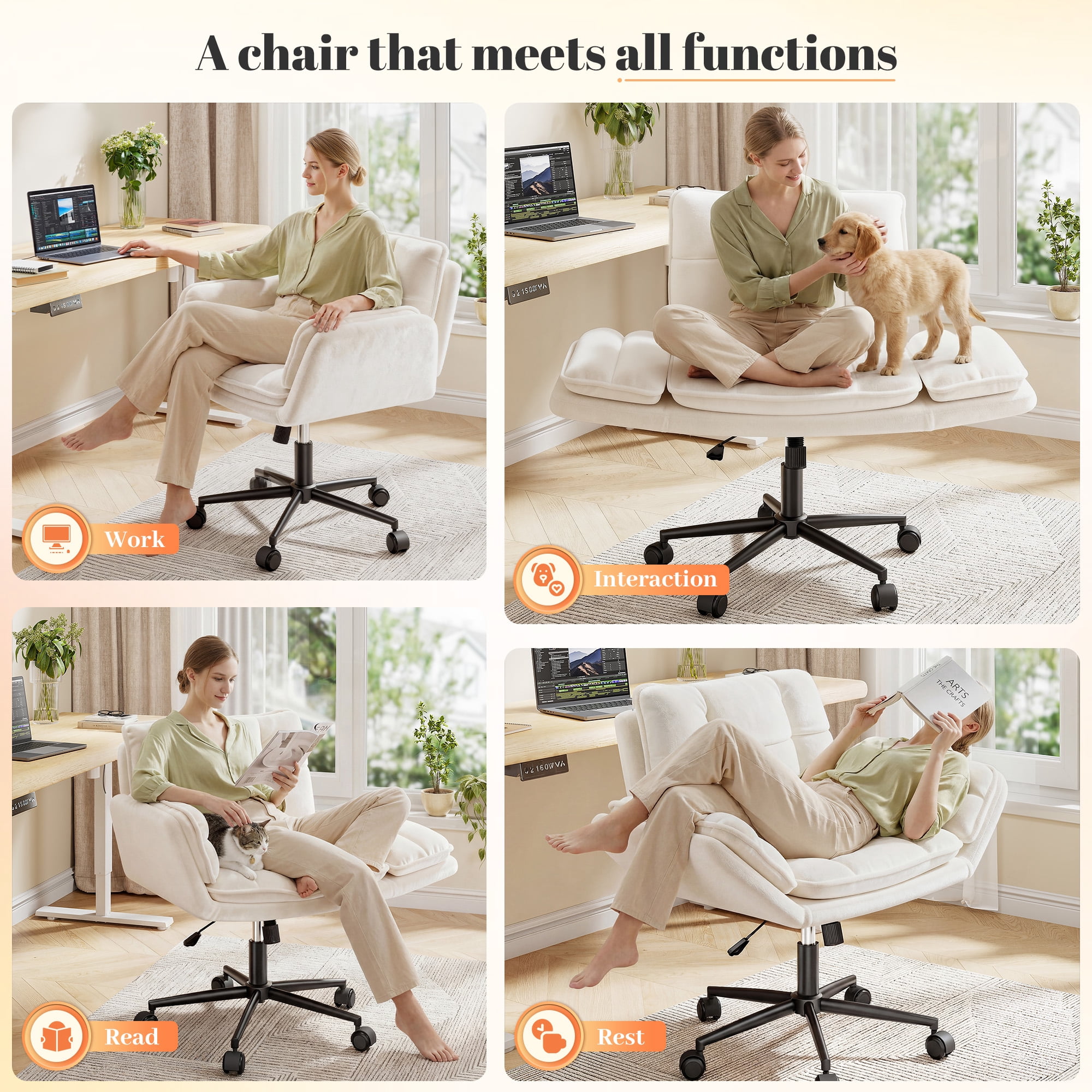 Romorgniz Criss Cross Chair with Wheels Plush Fleece Vanity Chair with 5-Gear Adjustable Armrests Ergonomic Office Chair for Home Office,White