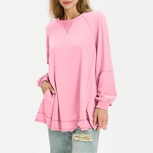 RXIRUCGD Sweat à Capuche à Manches Longues pour Femmes, Décontracté, Uni Patchwork, Col Rond, Rose, Taille: m