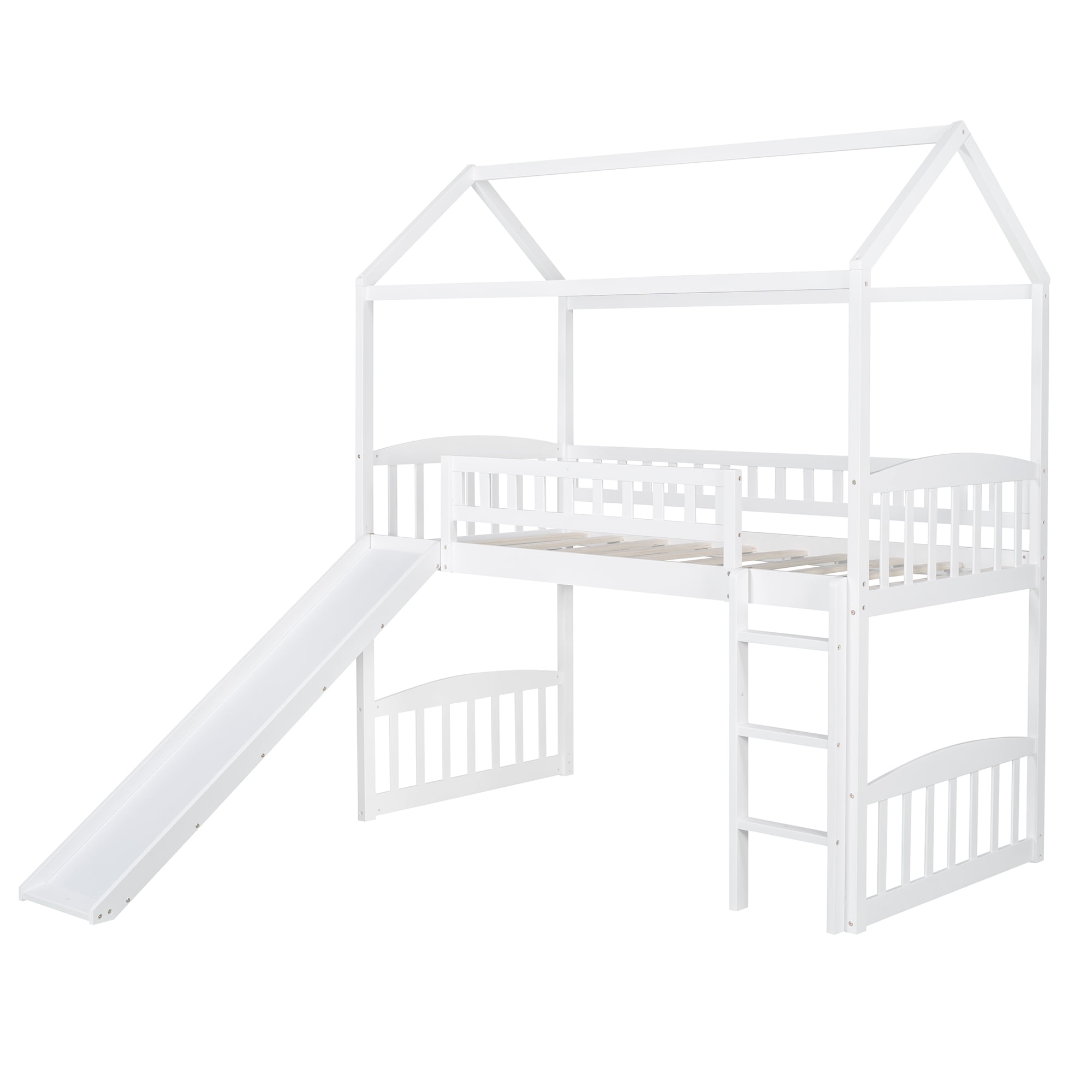 House Shaped Twin Loft Bed with Roof and Slide, Wood House Loft Bed