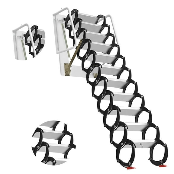  Industrial 12 Step Al-Mg Alloy Foldable Attic Ladder, 700LBS Pull-Down Stairs with Handrails , Wall-Mounted System for Commercial Attic & Roof Access