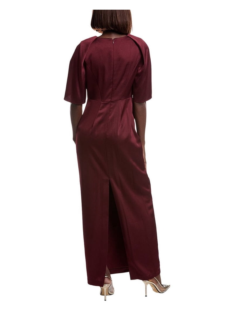 aidan mattox burgundy dress Aidan Mattox Beaded Illusion Boat Neck 3/4 Bell Sleeve A-Line Gown main image 1