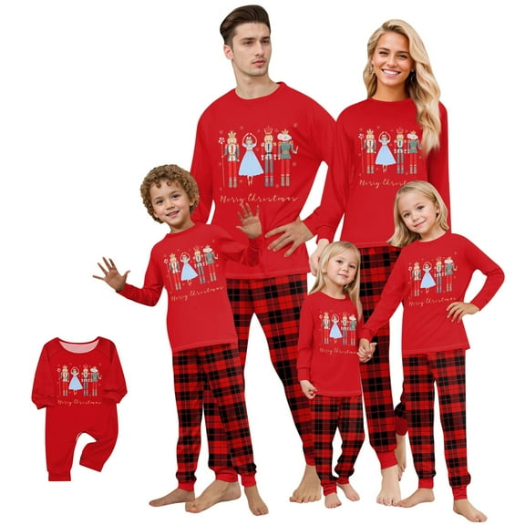 Cartoon Nut-cracker Family Christmas Pajamas Matching Sets – Red Long Sleeve Tops & Red Black Plaid Pants with Nut-cracker Print, Holiday Xmas PJs Sleepwear for Couples, Men, Women, Adults