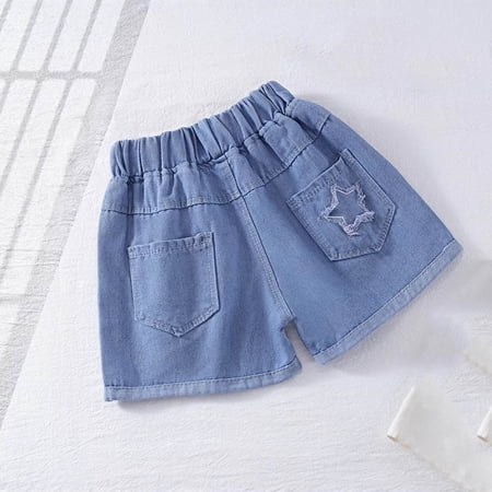 dazeni Girls Denim Shorts Elastic Waist Kids Jean Shorts Summer Short Pants with Pockets Lightweight Blue 5 Years