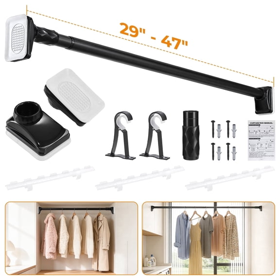 BEAMNOVA Closet Rod for Hanging Clothes, 29"-47" Adjustable No Drilling Multifunctional Tension Rod with Windproof Buckles & Mounting Brackets, 1.25" Diameter, Matte Black