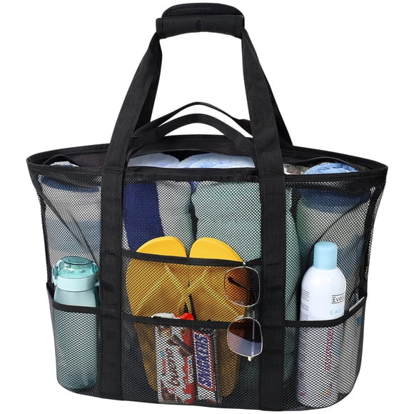 Bolsa de playa de malla color F con 9 bolsillos y cremallera, color negro