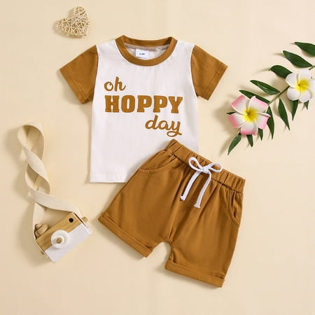 

Geire Children Unisex 2024 Summer Set Letter Printed Short Sleeve Crewneck Shirts Top & Matching Elastic Waist with Drawstring Shorts Comfy Cotton Set Size 0-3 Years