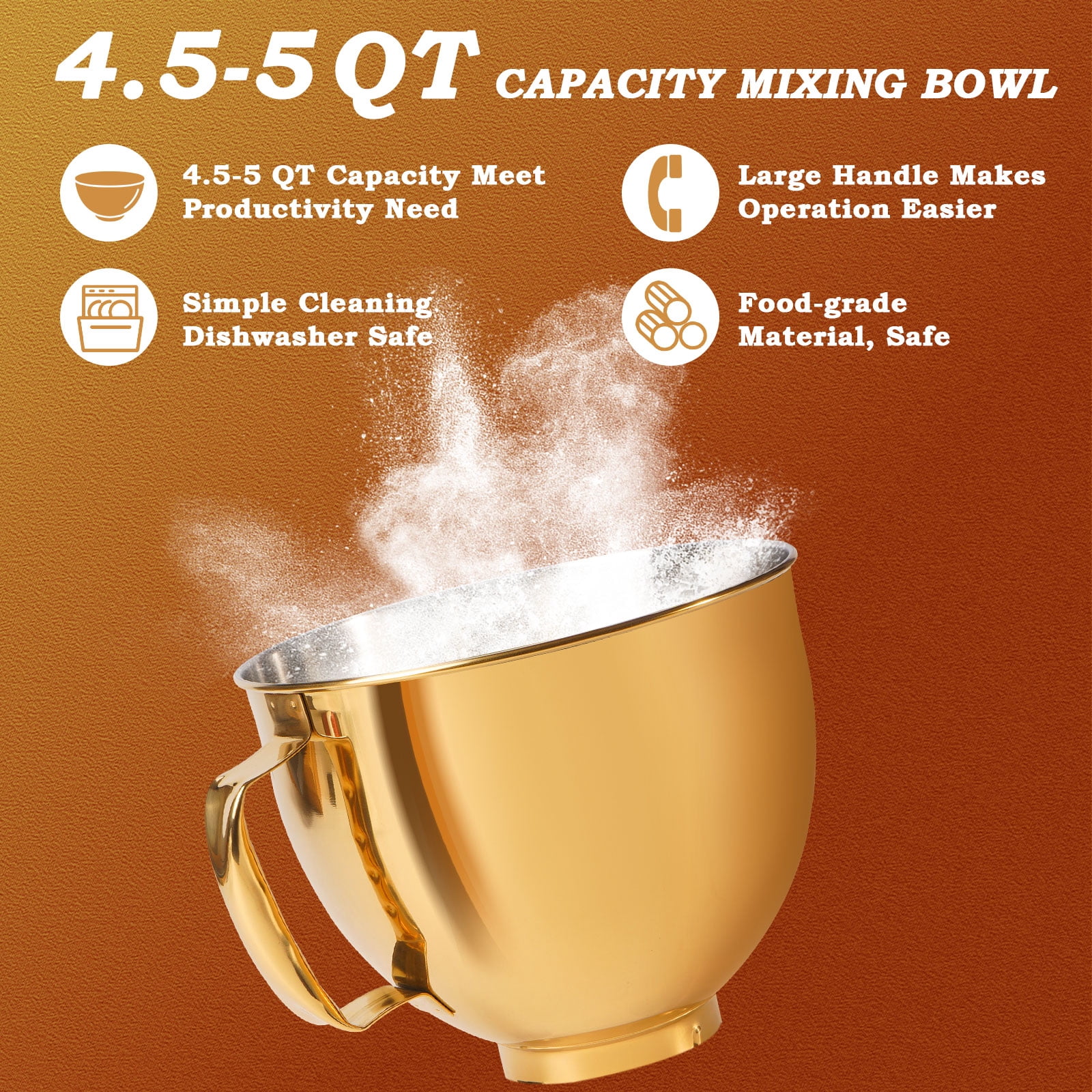 Uscover 5 Quart Metallic Finish 304 Stainless Steel Bowl for KitchenAid 4.5/5QT Tilt-Head Stand Mixer, Dishwasher Safe(Gold Color)