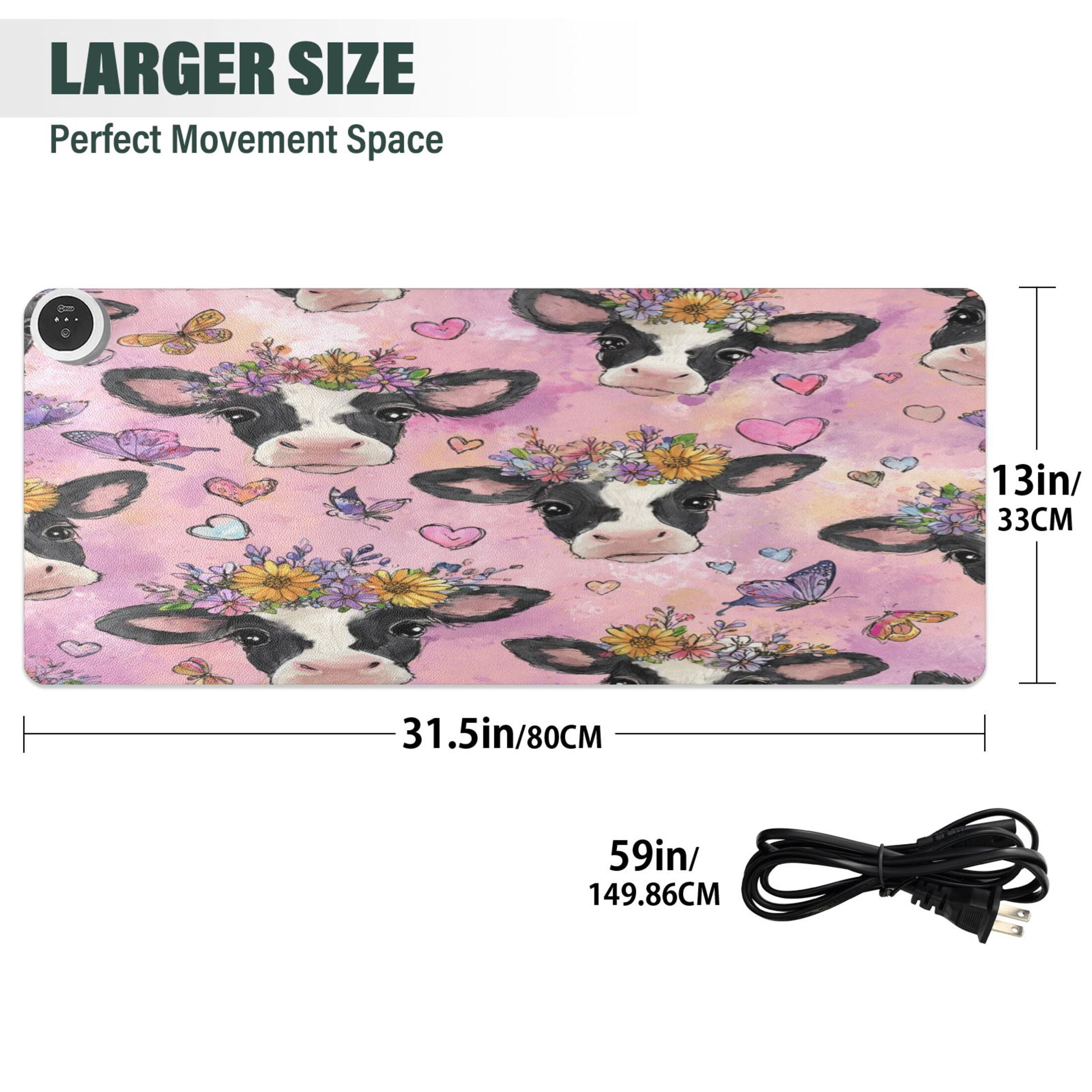 Large Heated Desk Mat Mouse Pad 31.5"x13"PU Leather Graphene Heating Desk Warmer with 3 Temperature Settings 110V US Plug Non-Slip Warm Pad for Home, Office, and Gaming Beautiful Cows with Flowers