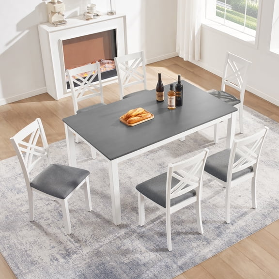 7 Piece Solid Wood Dining Table Set, Grey & White Two-Tone Rectangular Table with 6 Upholstered Chairs