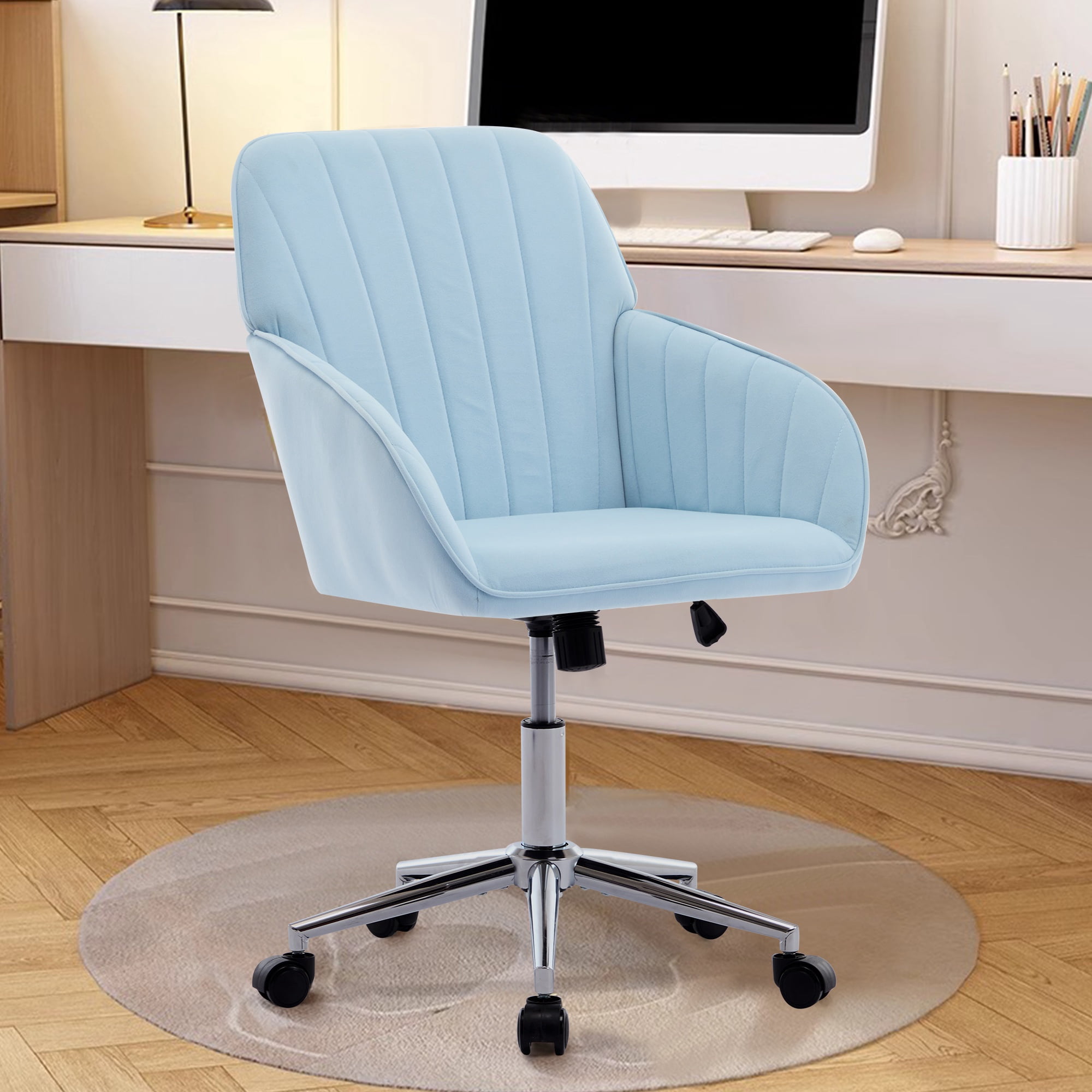 PORKISS Upholstered Desk Chair with Wheels, Ergonomic Adjustable Office Chair, Swivel Computer Task Chair with Velvet for Home Living Room Bedroom Workspace, Baby Blue