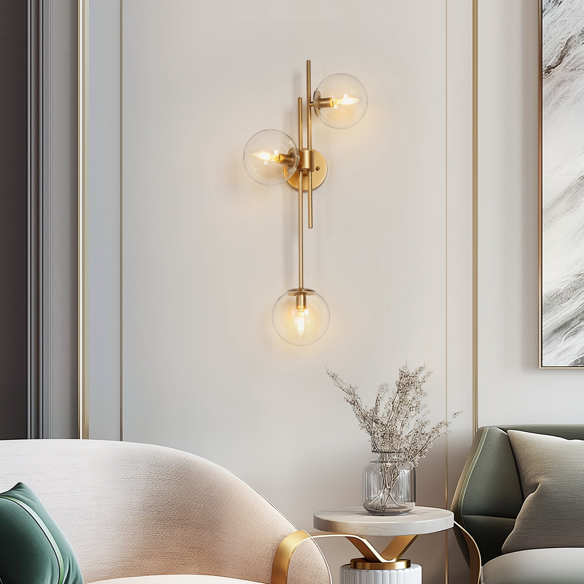 LNC Gold Globe Wall Sconce, 3-Light Modern Glass Fixture, E12, 30"H Vertical Mount