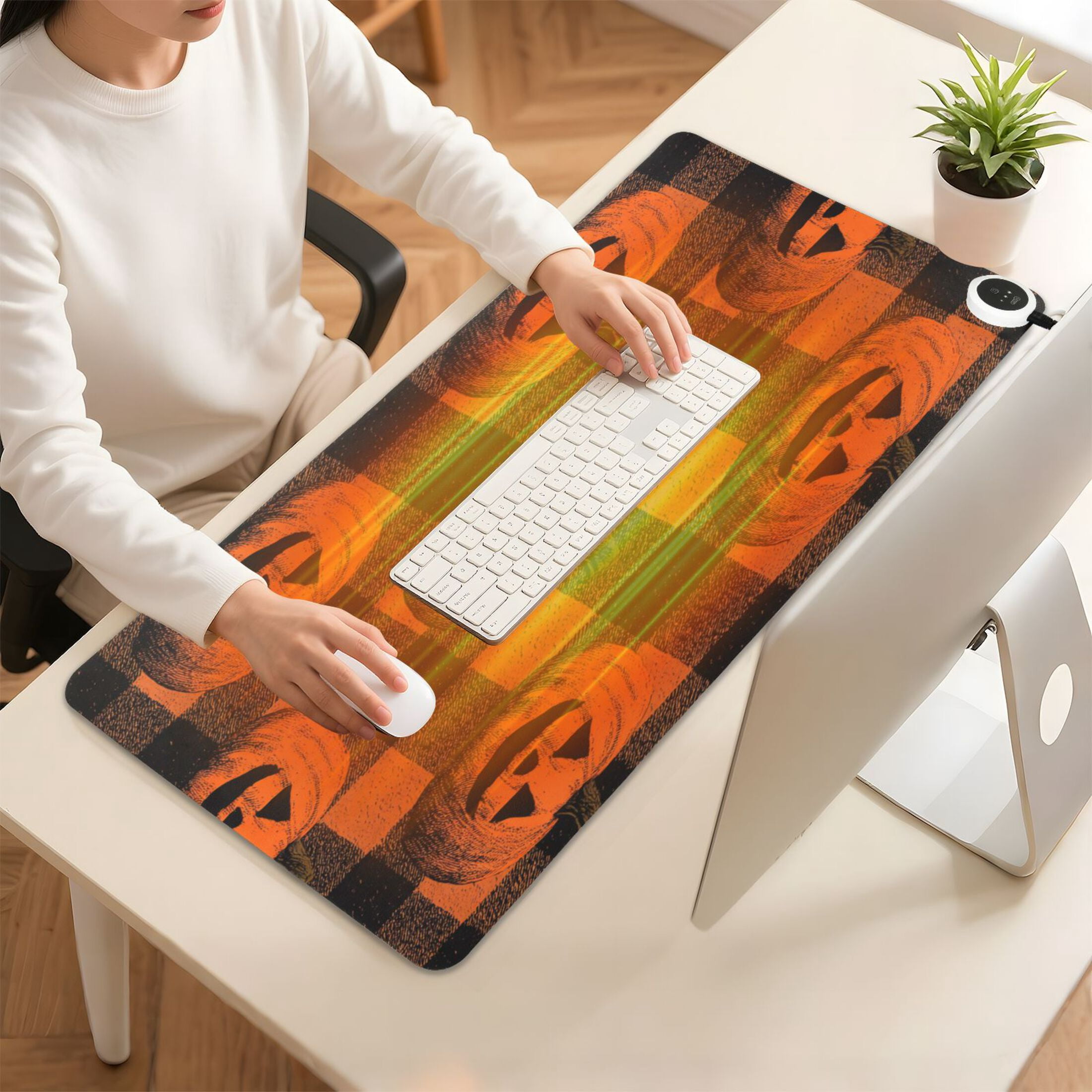 Large Heated Desk Mat Mouse Pad 31.5"x13"PU Leather Graphene Heating Desk Warmer with 3 Temperature Settings 110V US Plug Non-Slip Warm Pad for Home, Office, and Gaming Orange Striped Smiley Pumpkins