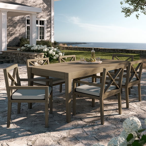 Modway Northlake 7-Piece Outdoor Teak Wood Dining Set in Weathered Gray Pebble